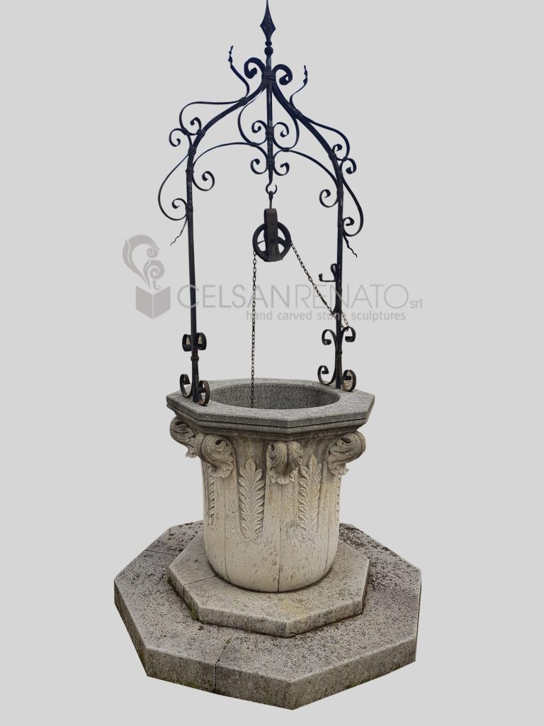 Pozzo ottagonale decorato con foglie - Pietra di Vicenza 10-90